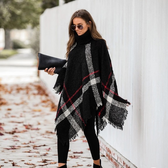 Sweaters - LAST 1! Black Plaid Stripe Turtleneck Poncho